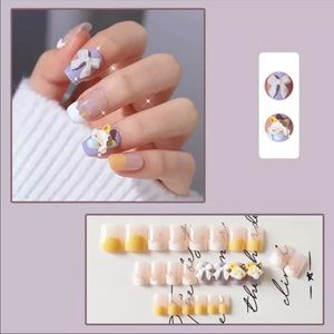 Press-on nails 24pcs purple and yellow prints
